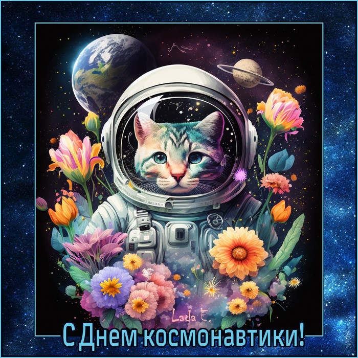 Картинка с Днем космонавтики с котиком